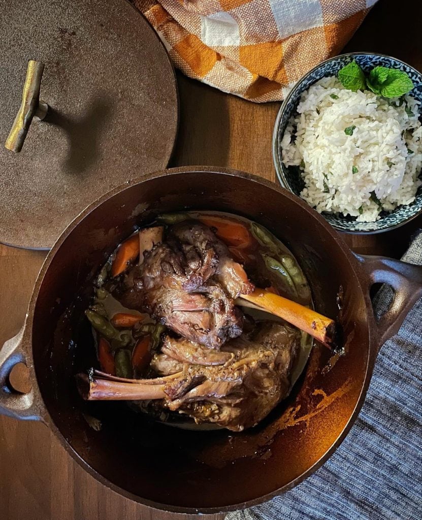 Tea-Braised Lamb Shanks with Spring Vegetables and Mint Rice