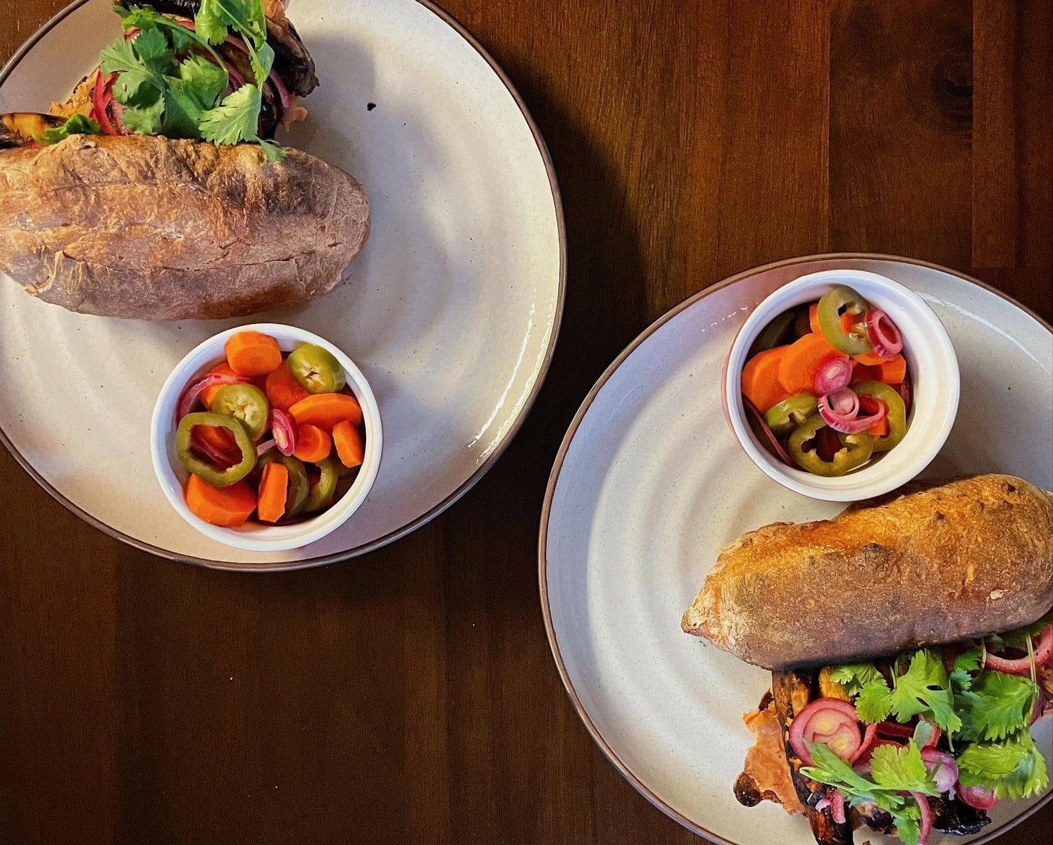 Grilled Portobello Mushroom Tortas with Quick Pickled Vegetables