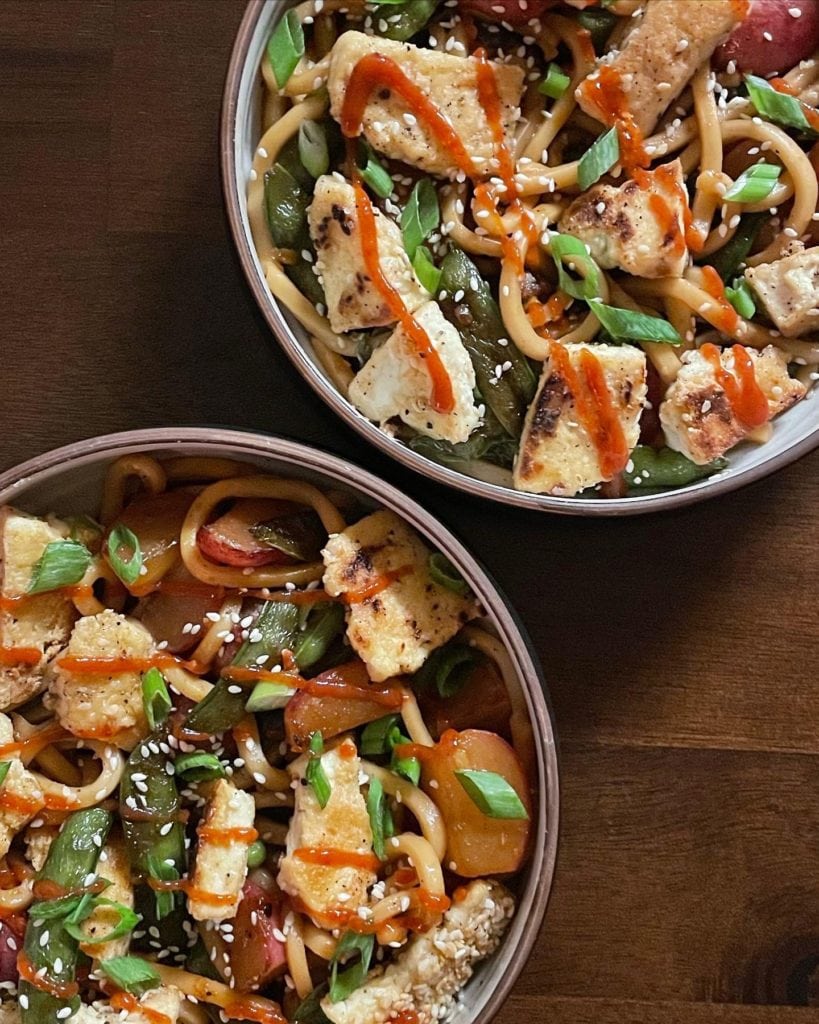 Crispy Sesame Tofu with Snap Pea and Radish Udon