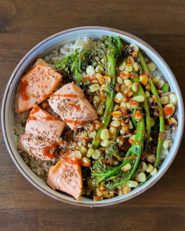 Sesame Salmon Rice Bowls with Stir-Fried Broccolini and Corn