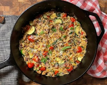 Orzo Skillet with Italian Sausage, Zucchini, and Tomatoes