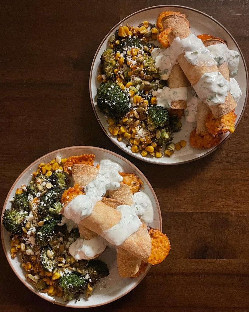 Cheesy Chicken Taquitos with Roasted Corn and Broccoli Salad