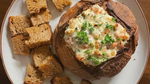 Lemony Baked Ricotta and Goat Cheese Bread Bowl Dip