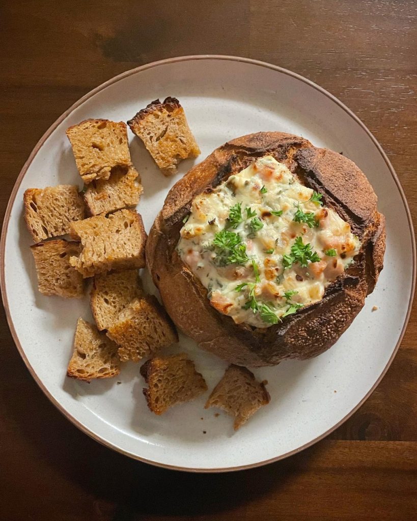 Lemony Baked Ricotta and Goat Cheese Bread Bowl Dip