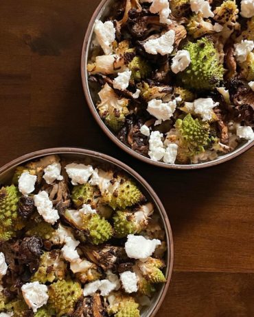 Roasted Romanesco and Oyster Mushrooms with Farro Pilaf