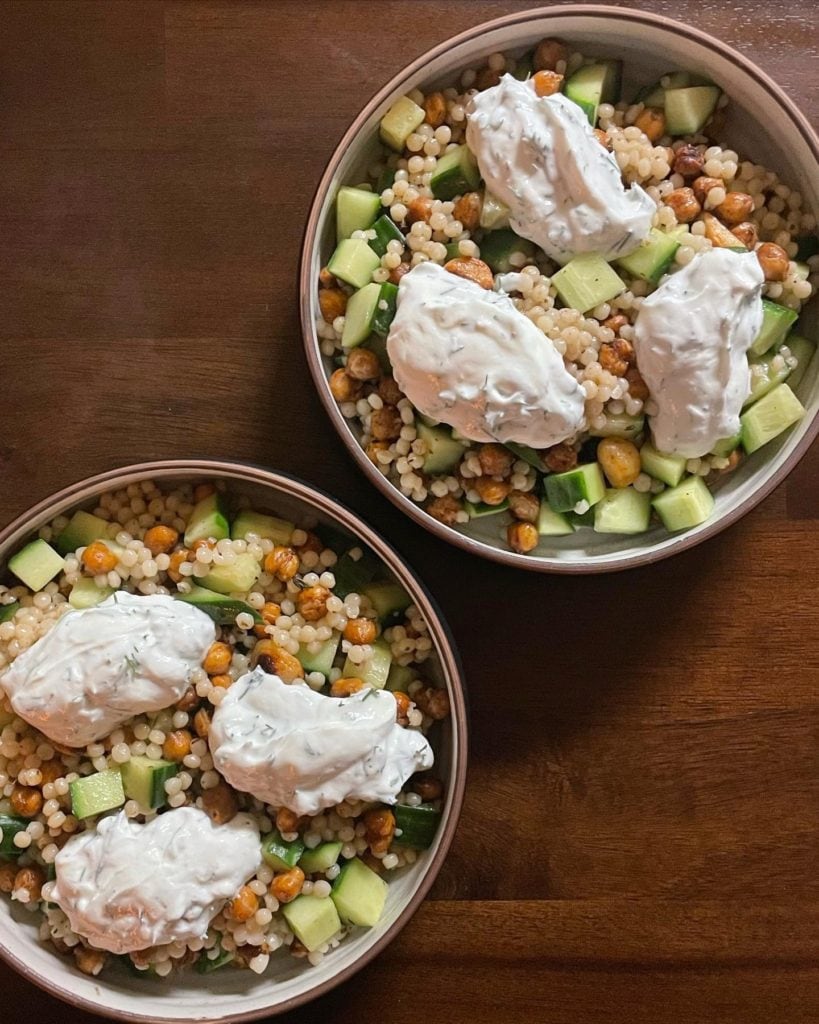 Crispy Chickpea Couscous with Cucumber and Dill-Yogurt