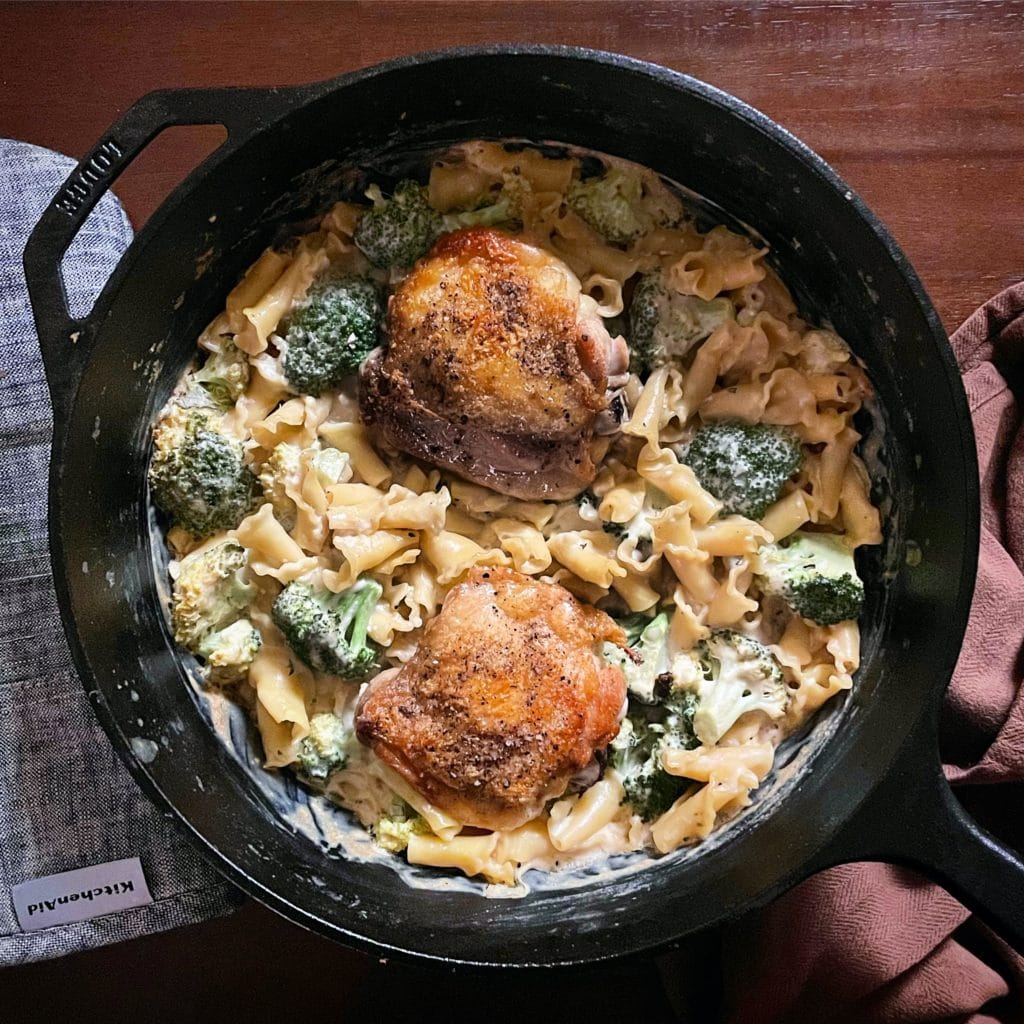 Creamy Baked Pasta with Broccoli and Crispy Skinned Chicken