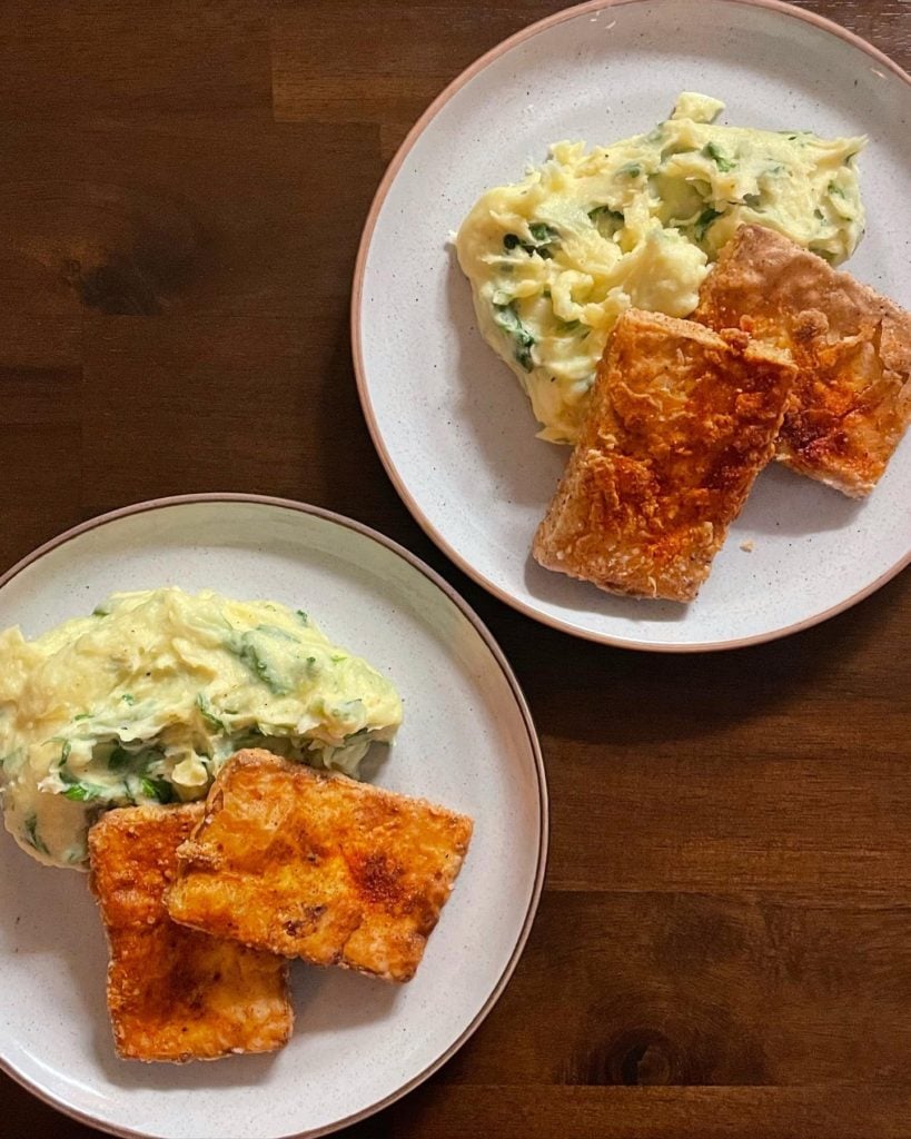 Chicken-Fried Tofu with Arugula Mashed Potatoes