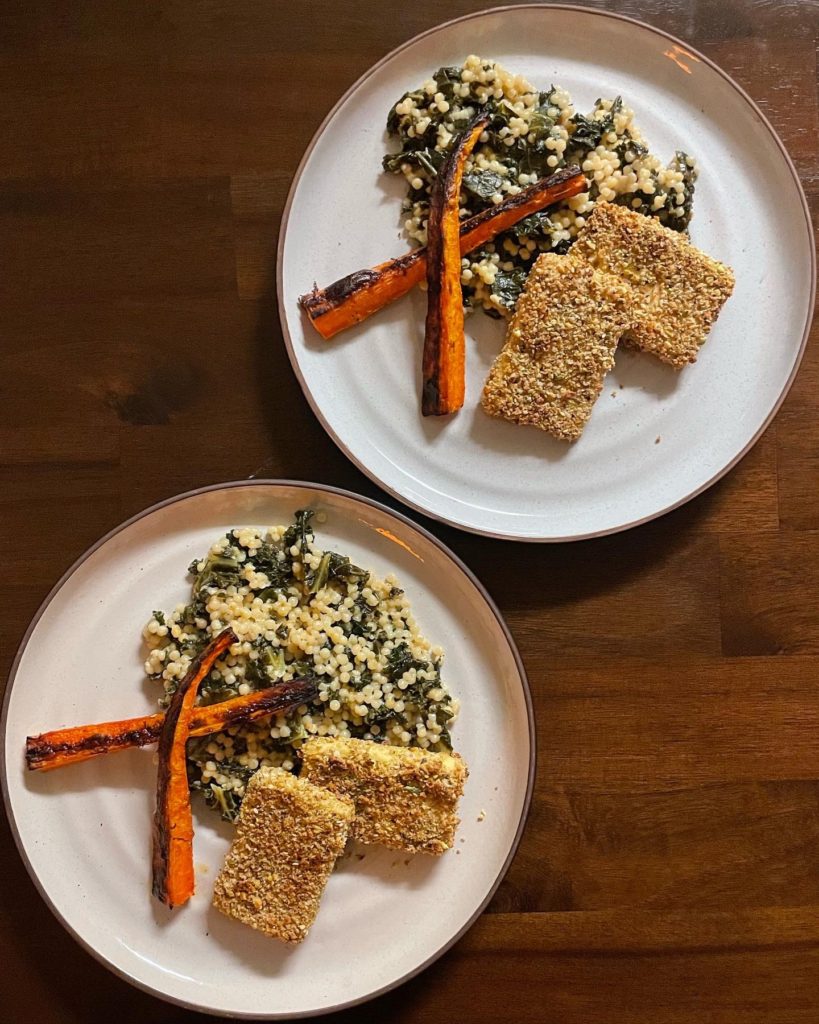 Pistachio Encrusted Tofu with Kale-Mustard Couscous