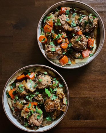 Beer Braised Cabbage and Meatball Stew with Mashed Potatoes