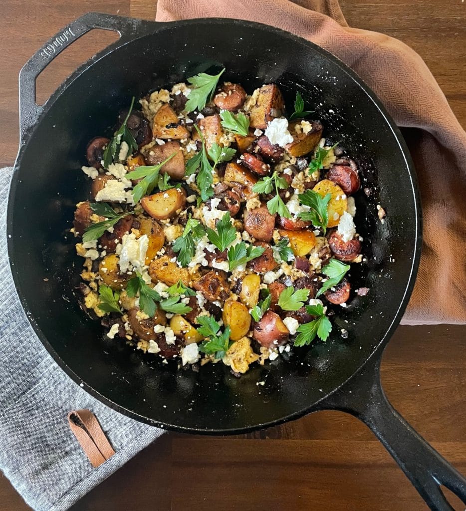 Linguiça and Potato Scramble with Goat Cheese