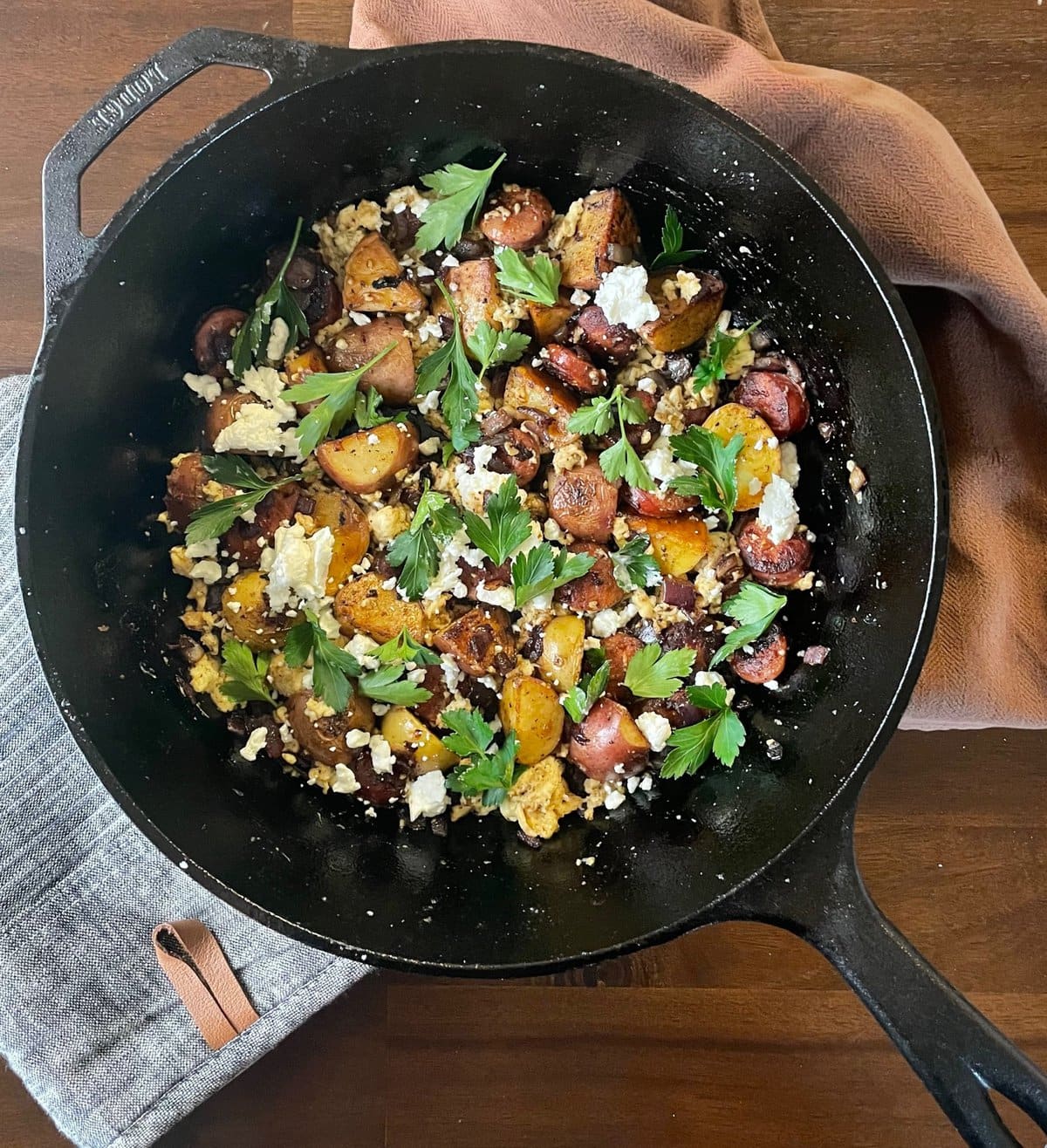 Linguiça and Potato Scramble with Goat Cheese