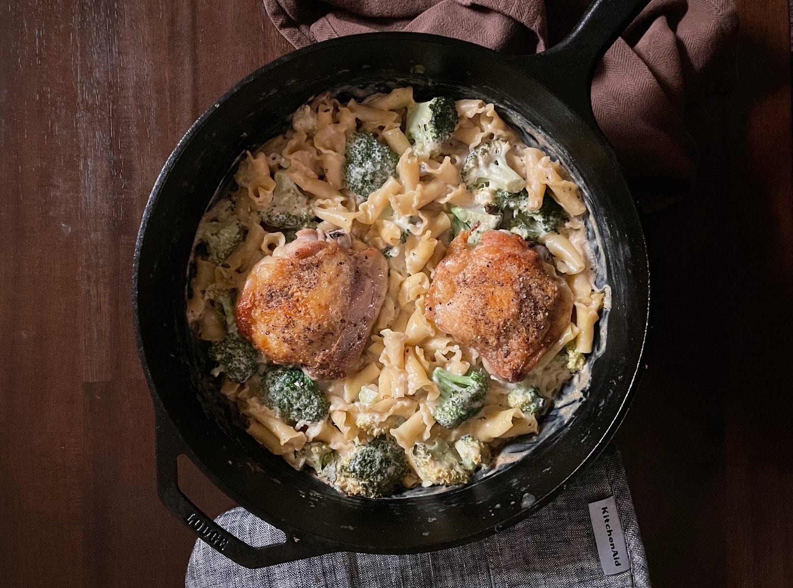 Creamy Baked Pasta with Broccoli and Crispy Skinned Chicken