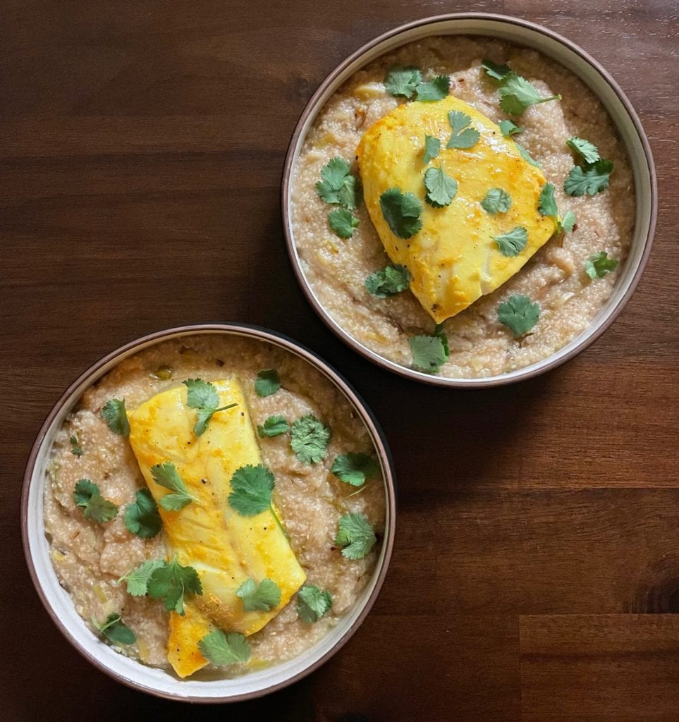 Turmeric Fish with Coconut-Leek Grits