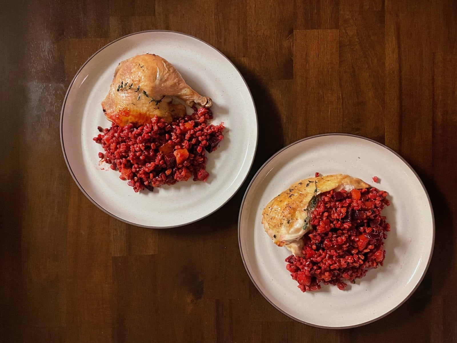 Roasted Spatchcock Chicken with Beet and Barley Pilaf