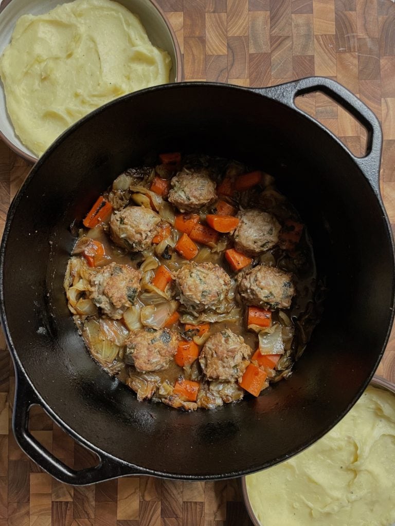 Beer Braised Cabbage and Meatball Stew with Mashed Potatoes