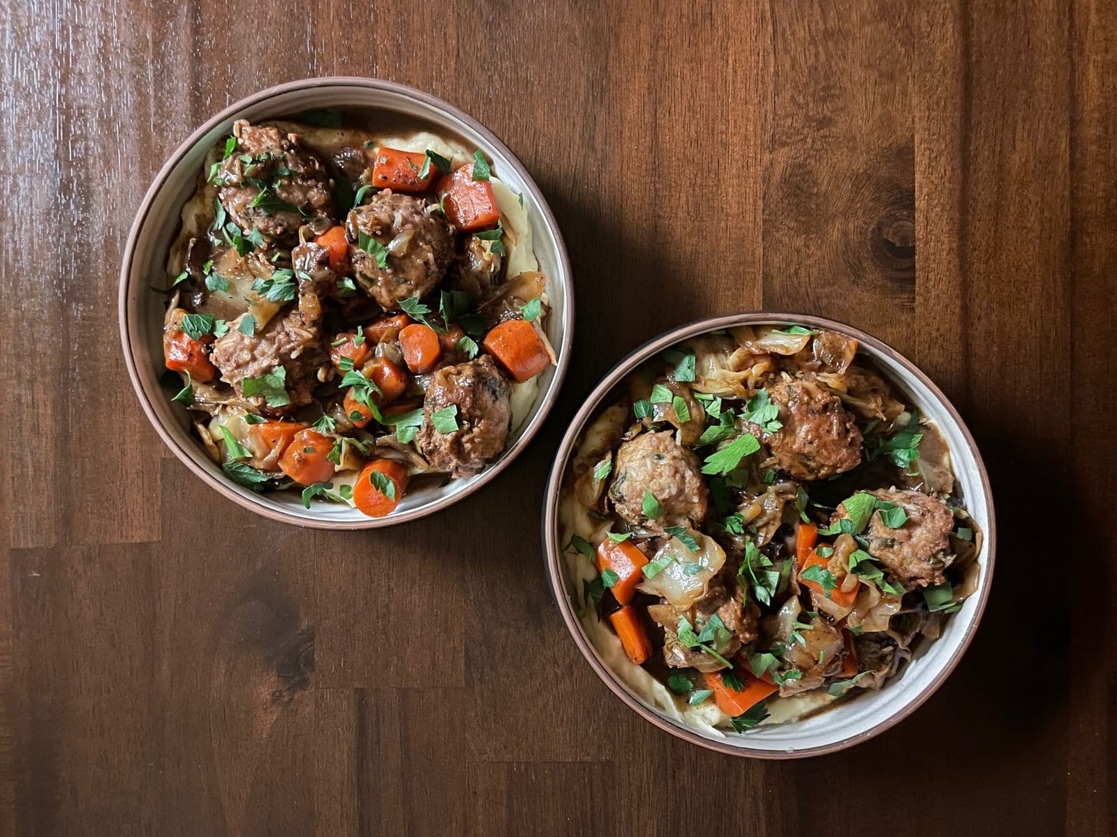 Beer Braised Cabbage and Meatball Stew with Mashed Potatoes