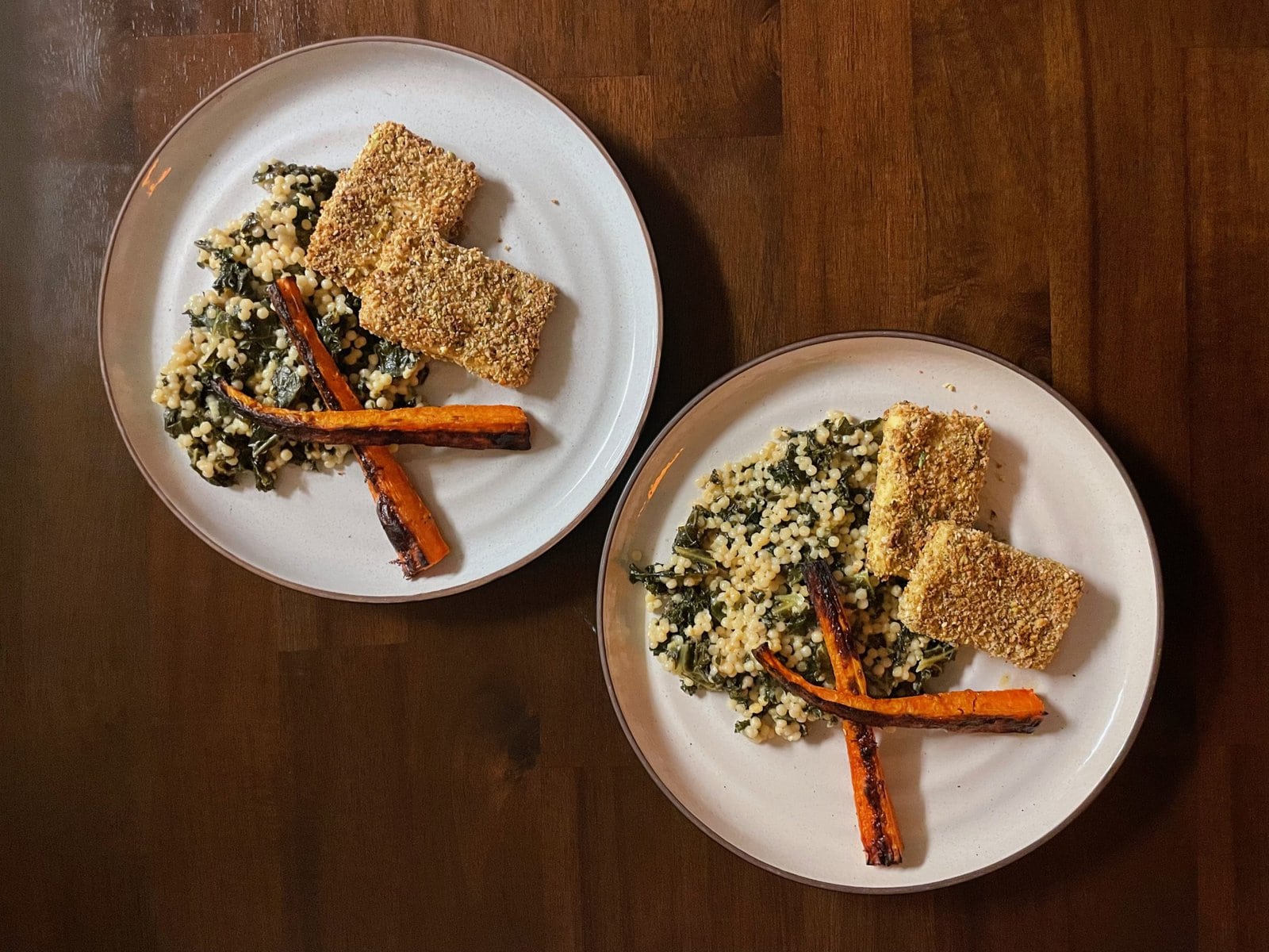 Pistachio Encrusted Tofu with Kale-Mustard Couscous