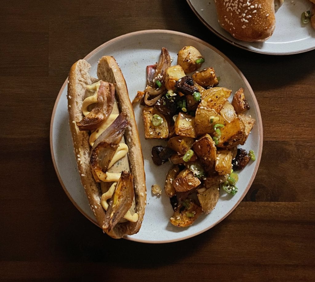 Sheet-Pan Sausages with Shallots and Roasted Potato Salad