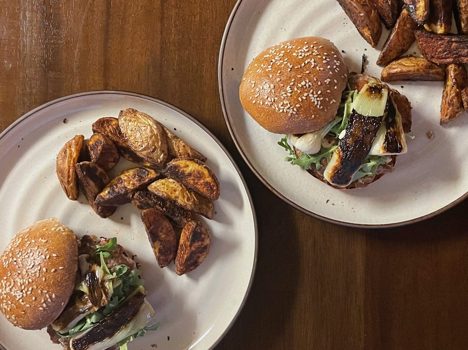 Lamb Burgers with Spring Onion, Goat Cheese, and Potato Wedges