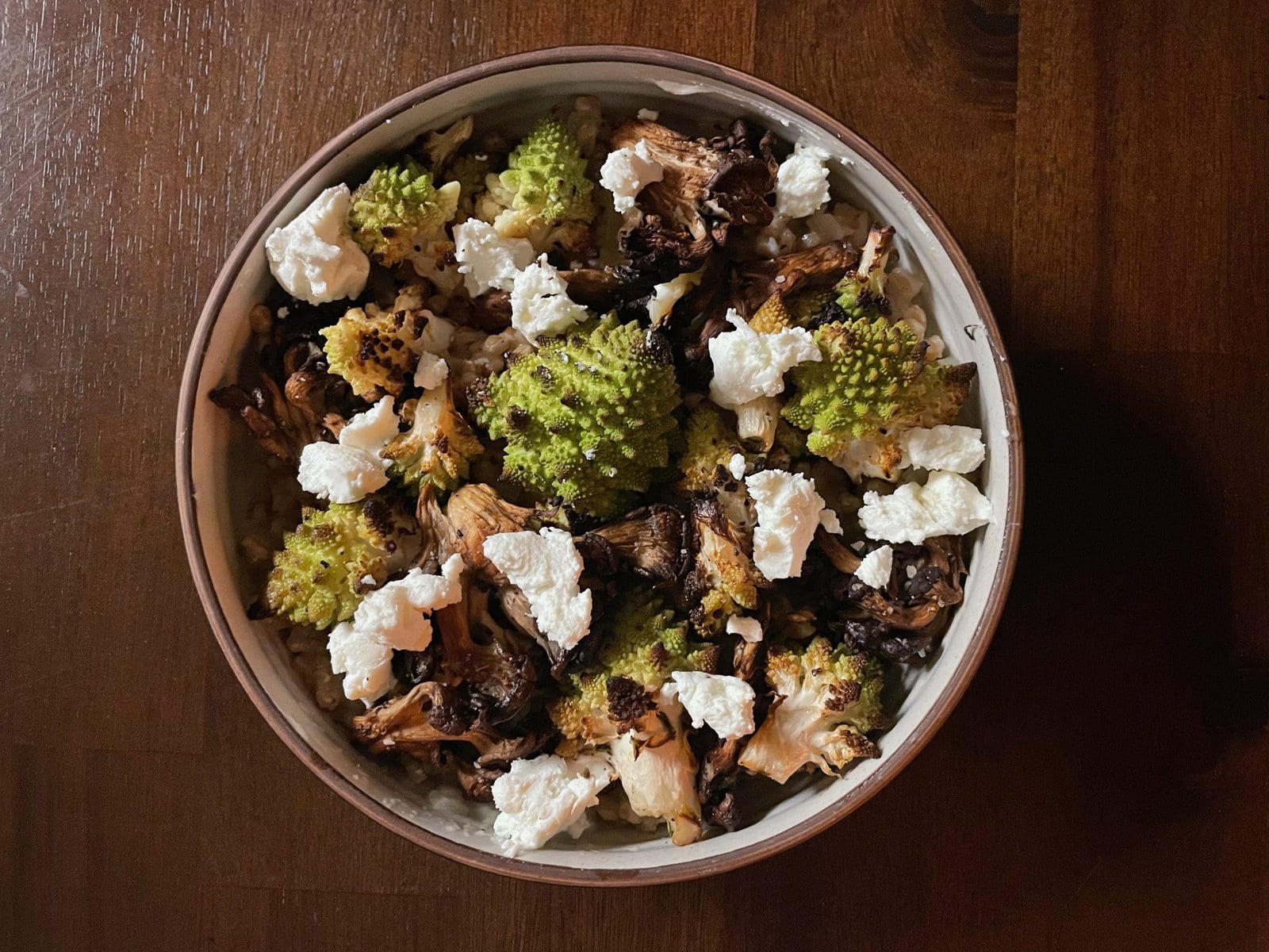 Roasted Romanesco and Oyster Mushrooms with Farro Pilaf