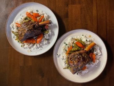 Tea-Braised Lamb Shanks with Spring Vegetables and Mint Rice