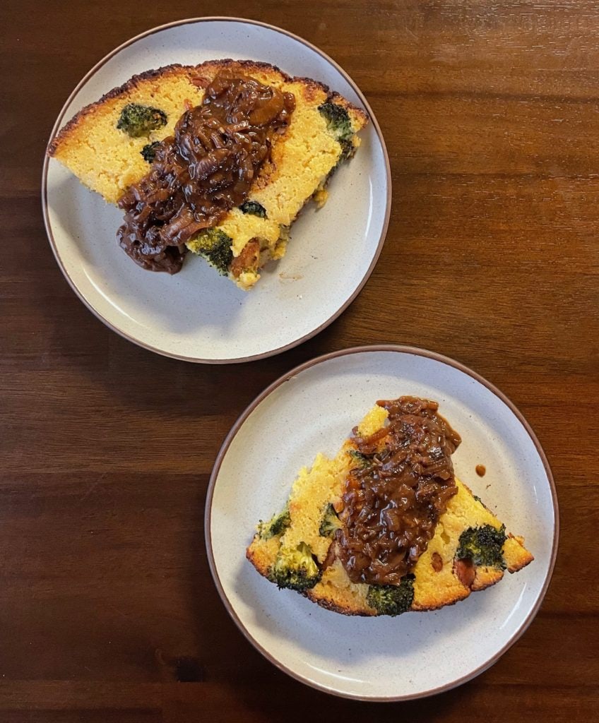 Sausage & Broccoli Cornbread with Red Onion Gravy