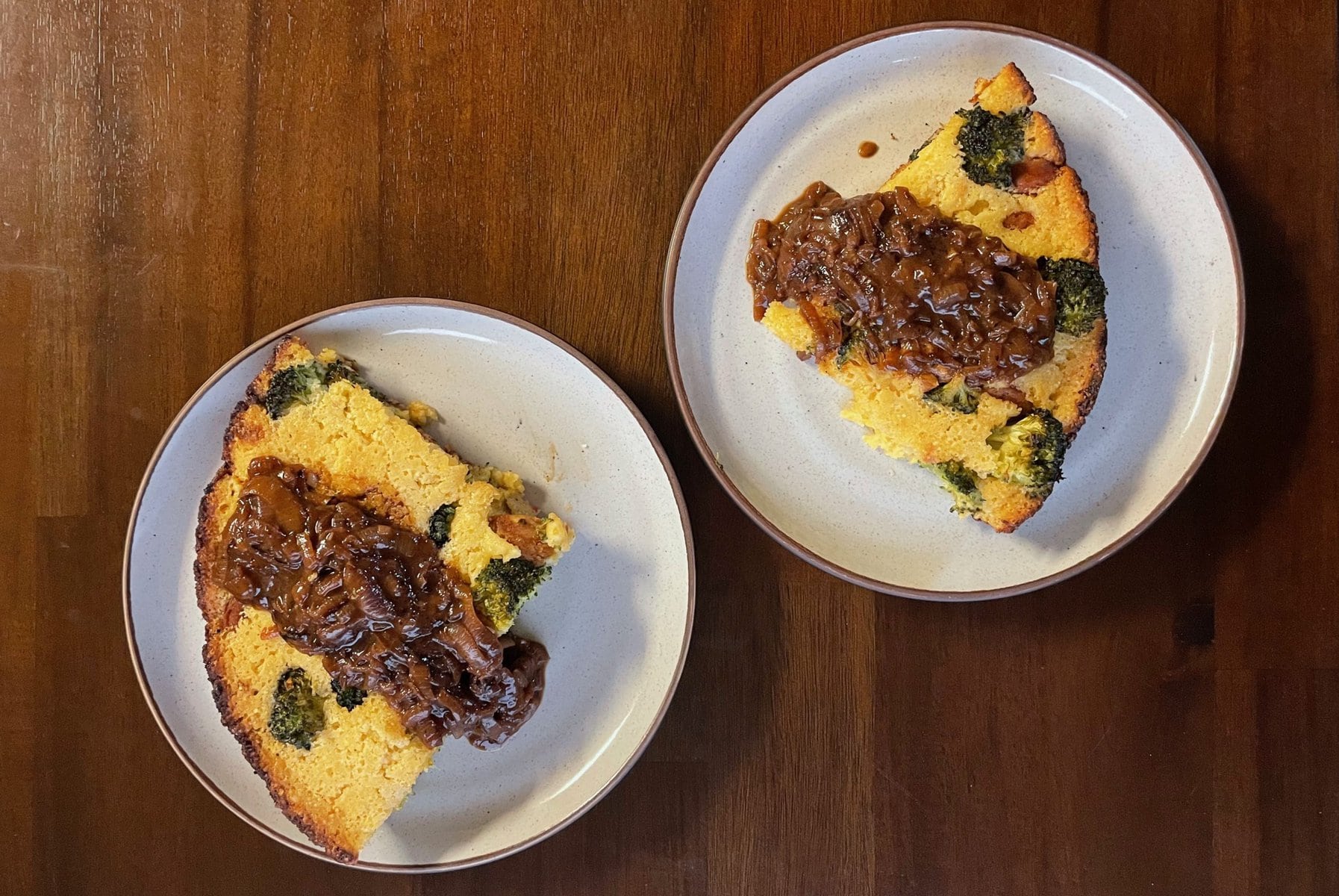 Sausage & Broccoli Cornbread with Red Onion Gravy