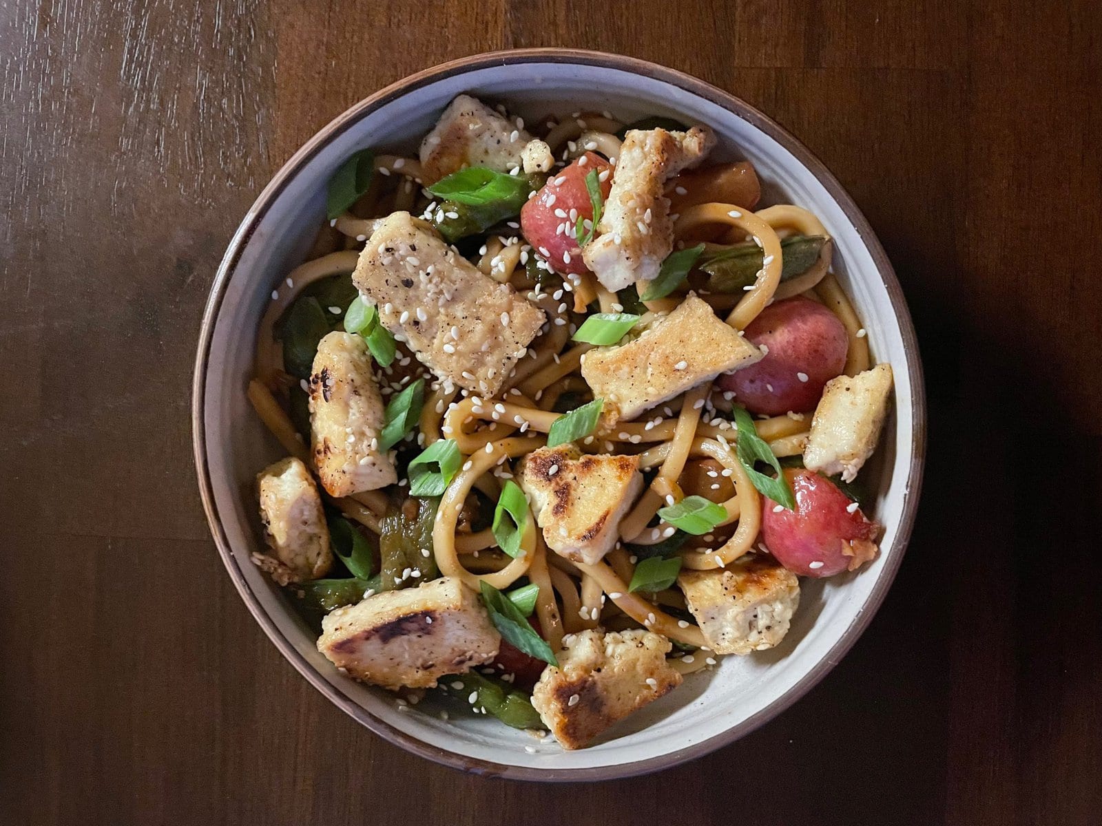 Crispy Sesame Tofu with Snap Pea and Radish Udon