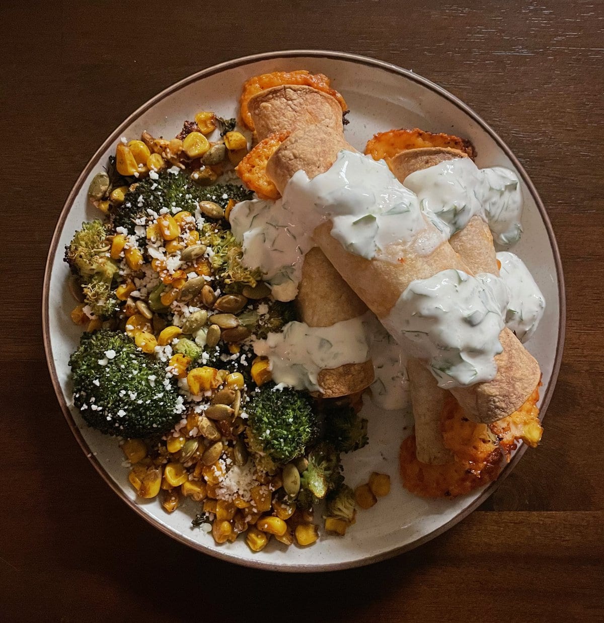 Cheesy Chicken Taquitos with Roasted Corn and Broccoli Salad