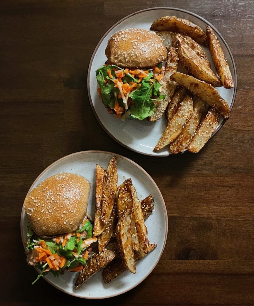 Gingery Pork Burgers with Slaw and Potato Wedges