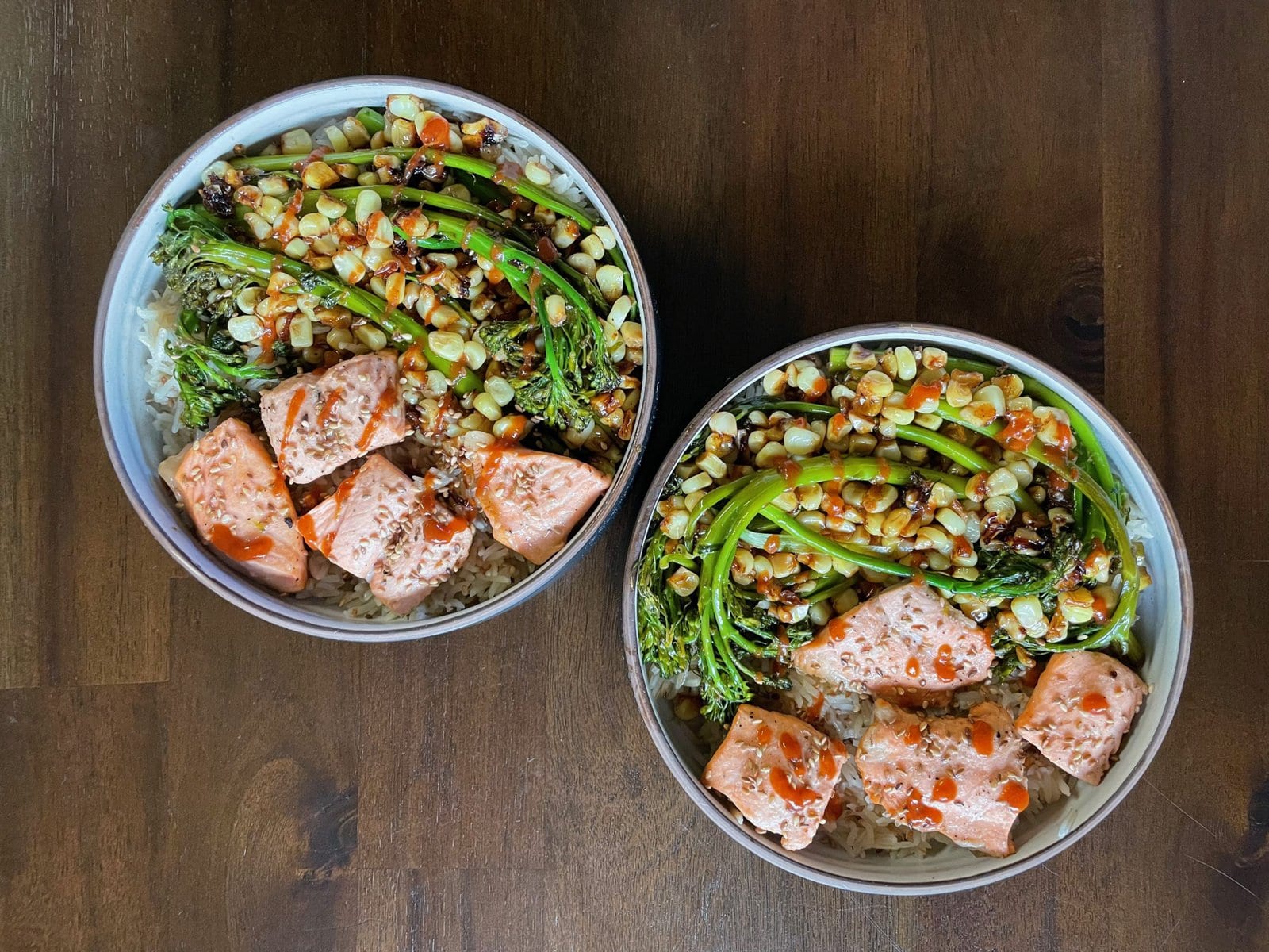 Sesame Salmon Rice Bowls with Stir-Fried Broccolini and Corn