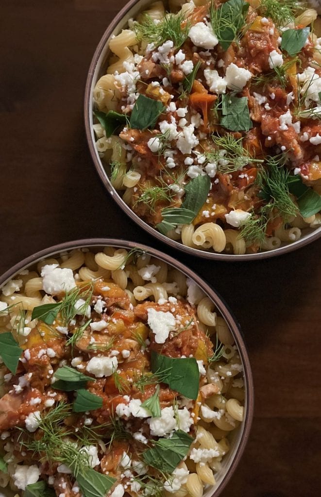 Tomato-Braised Chicken and Summer Squash Pasta