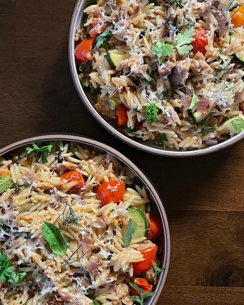 Orzo Skillet with Italian Sausage, Zucchini, and Tomatoes