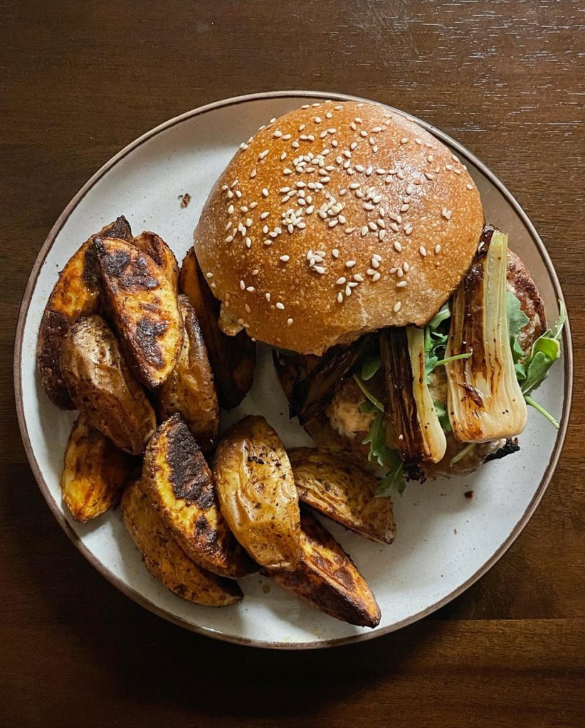 Lamb Burgers with Spring Onion, Goat Cheese, and Potato Wedges