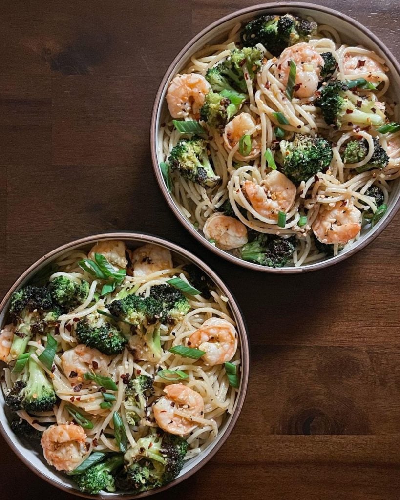 Sesame-Ginger Noodles with Shrimp and Broccoli