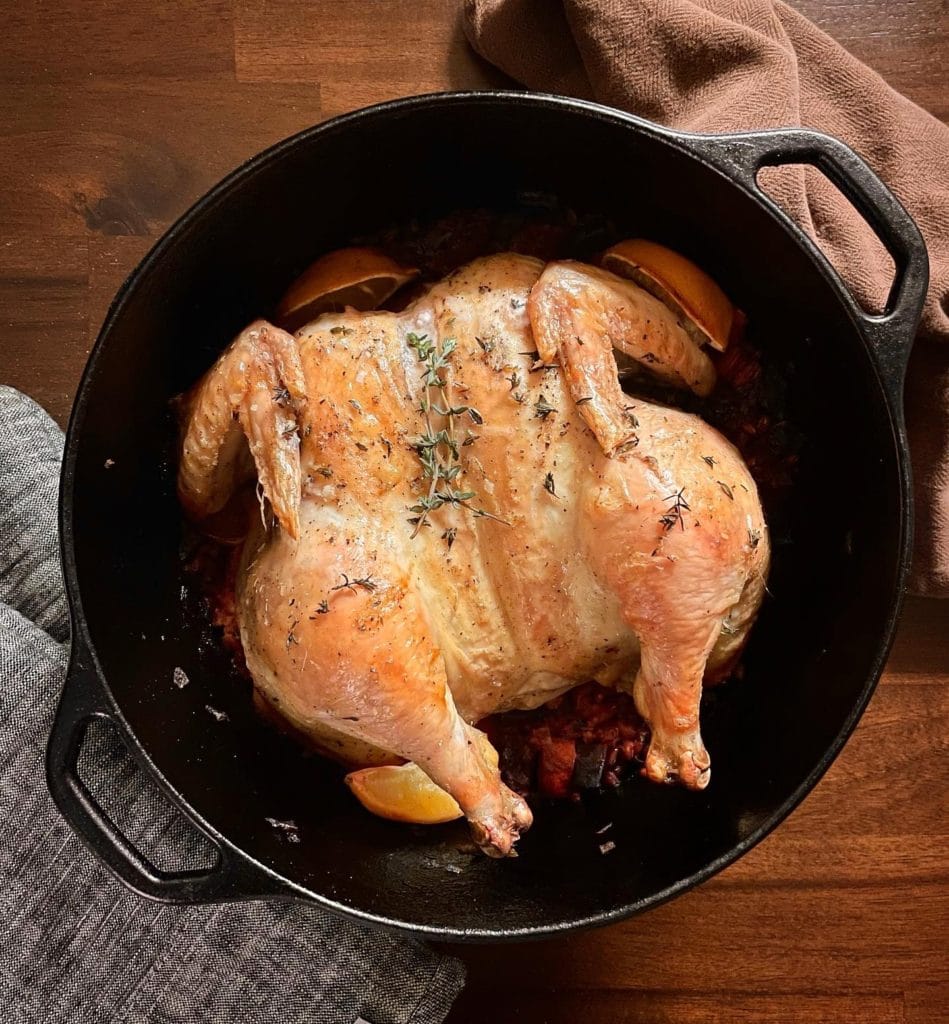 Roasted Spatchcock Chicken with Beet and Barley Pilaf