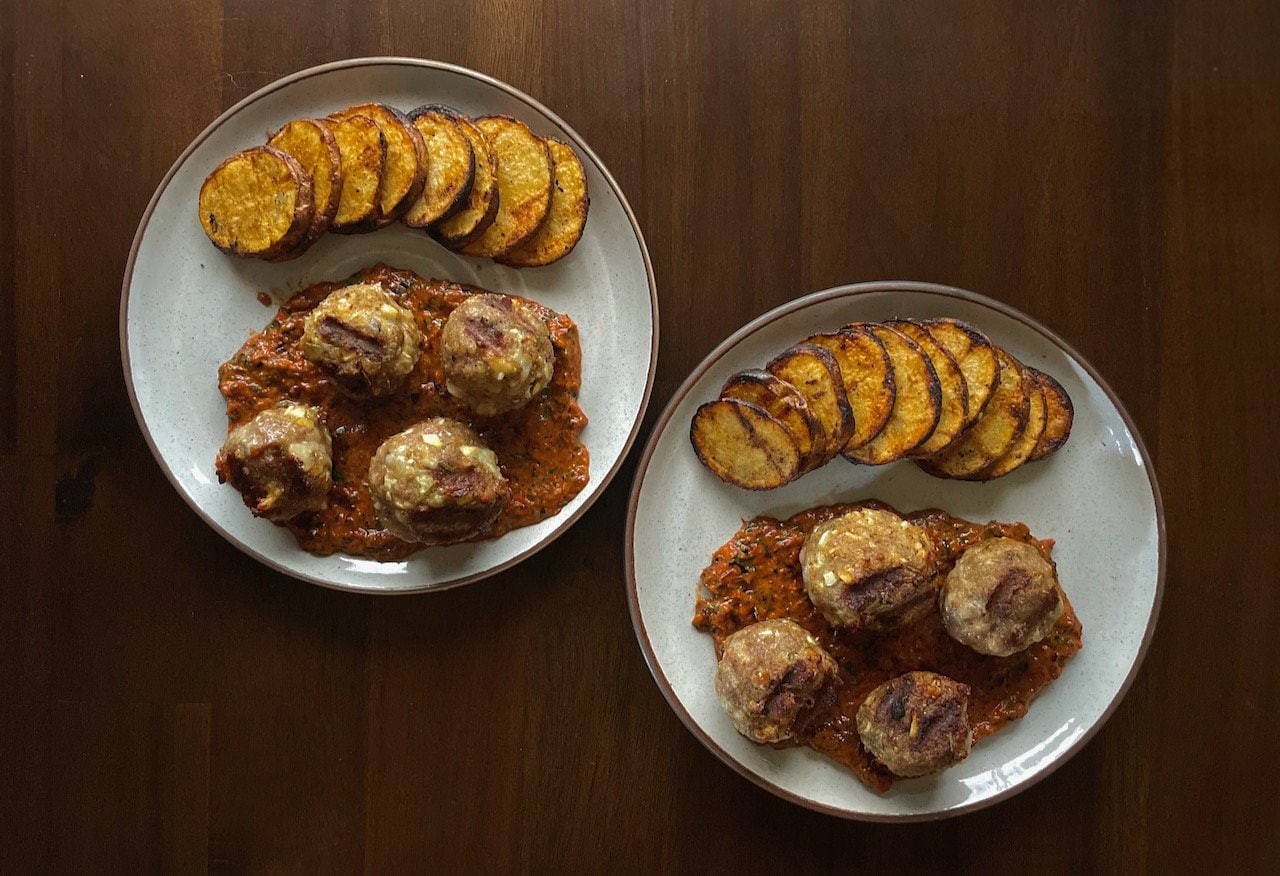 Grilled Lamb Meatballs with Red Pepper Pesto and Chips