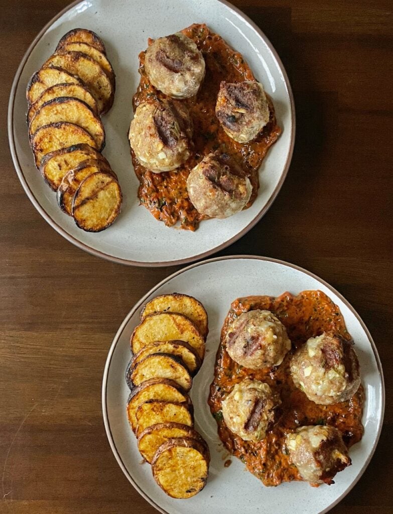 Grilled Lamb Meatballs with Red Pepper Pesto and Chips