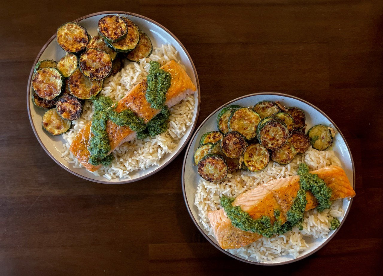 Pesto Salmon with Crispy Parmesan Zucchini