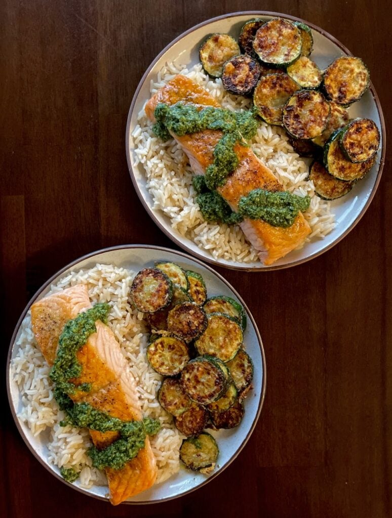 Pesto Salmon with Crispy Parmesan Zucchini