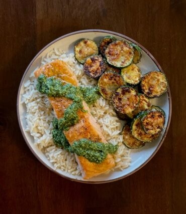 Pesto Salmon with Crispy Parmesan Zucchini