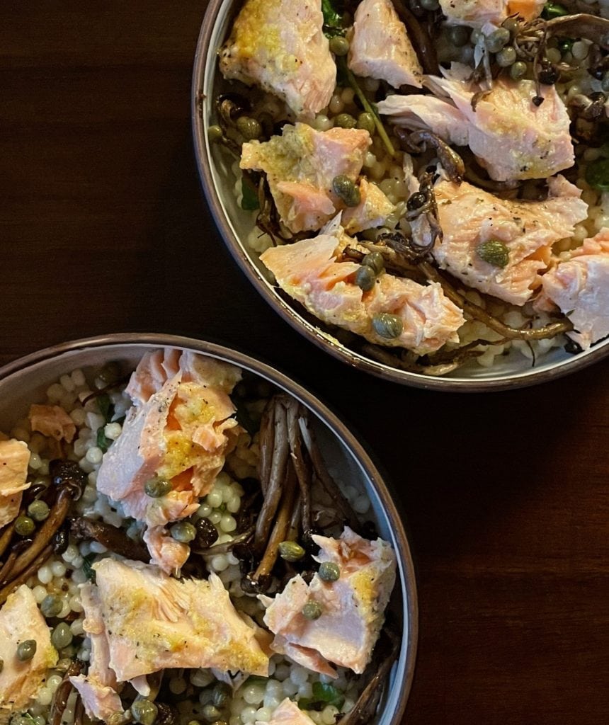 Ginger Salmon Couscous Bowls with Roasted Mushrooms and Arugula