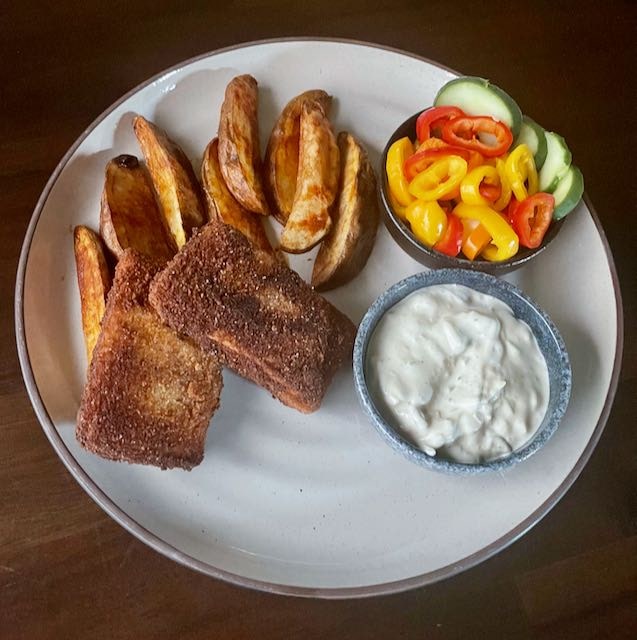 Beer Battered Tofu and Chips with Pickled Peppers