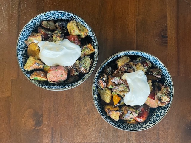 Grilled Eggplant, Potato, and Sausage Pesto Bowls