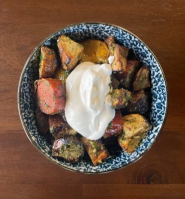 Grilled Eggplant, Potato, and Sausage Pesto Bowls