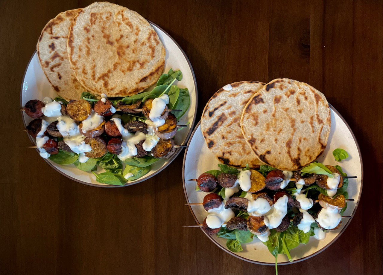 Sausage and Vegetable Skewers with Lemon-Thyme Yogurt