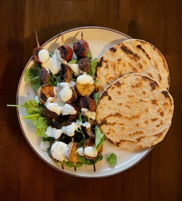 Sausage and Vegetable Skewers with Lemon-Thyme Yogurt