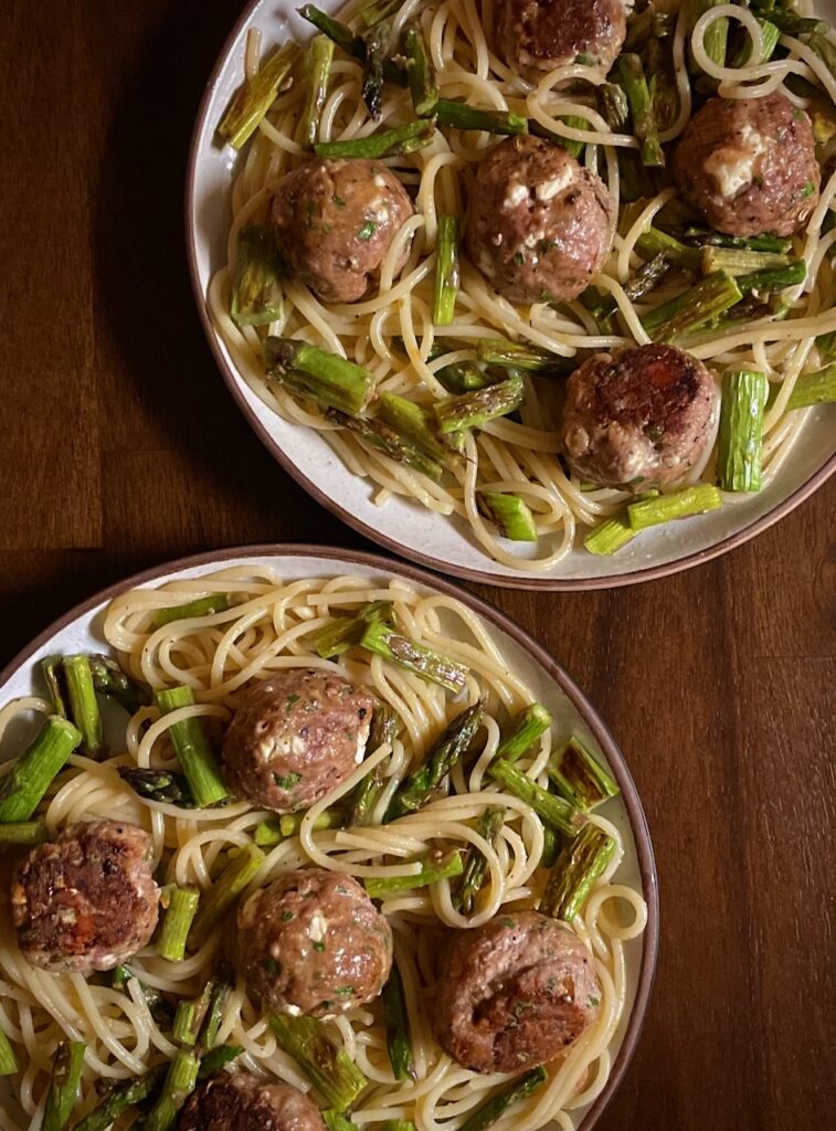 Feta Meatballs with Lemony Asparagus Pasta