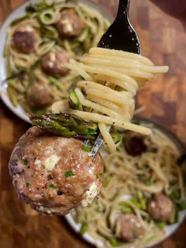 Feta Meatballs with Lemony Asparagus Pasta